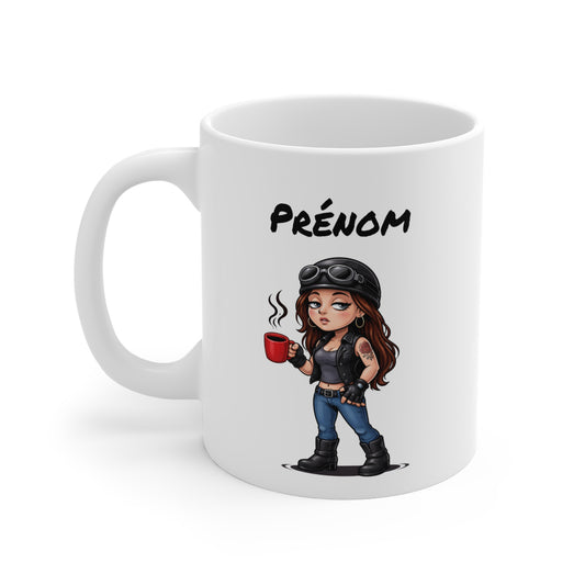 Tasse Motarde avec Café – Mug Femme Biker Style Rock – Illustration Motarde Casque Moto 325ml – Cadeau Original Femme