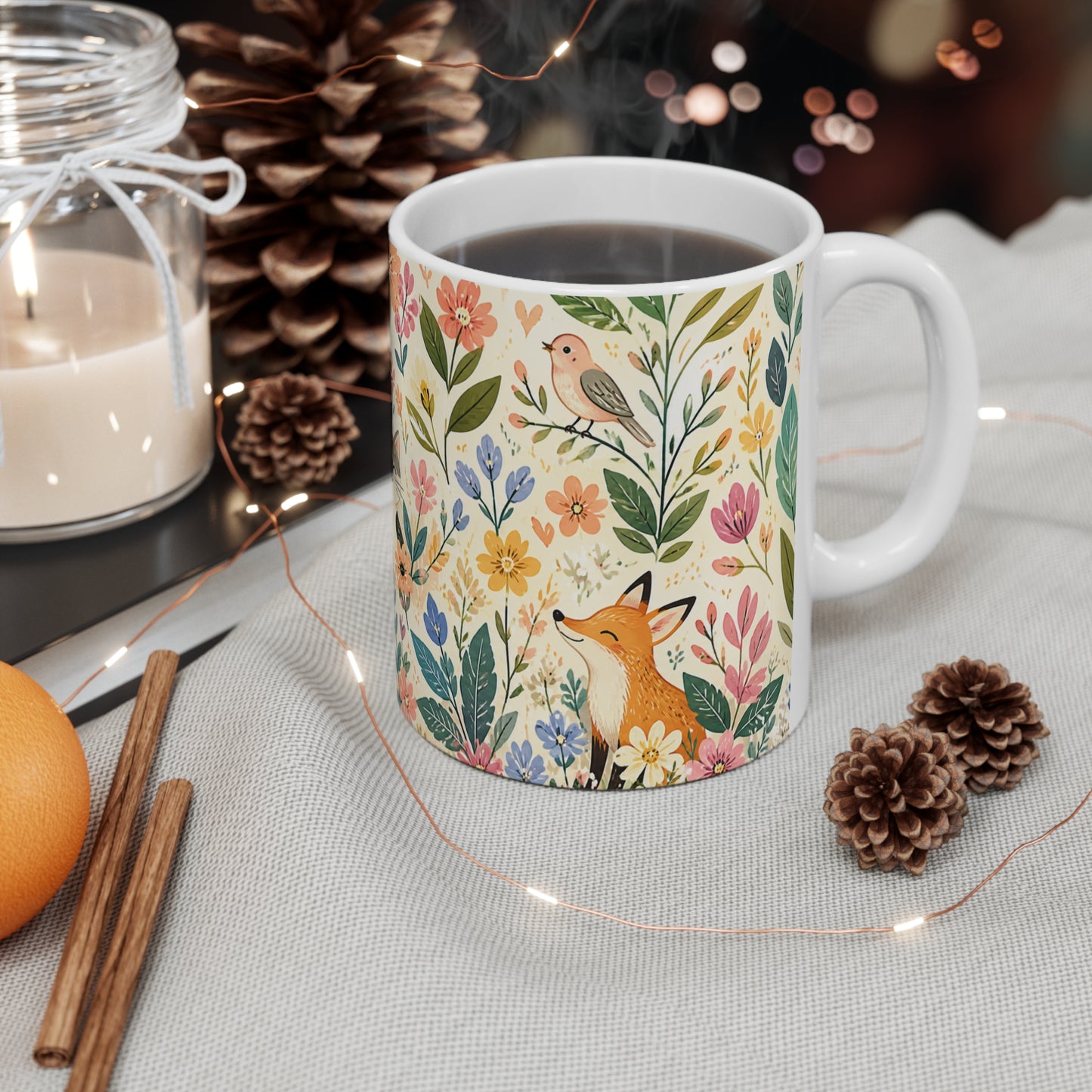 Tasse Animaux et Fleurs Aquarelle – Mug Renard Chat Lapin Hérisson Bohème – Cadeau Nature Femme Homme Enfant 325ml