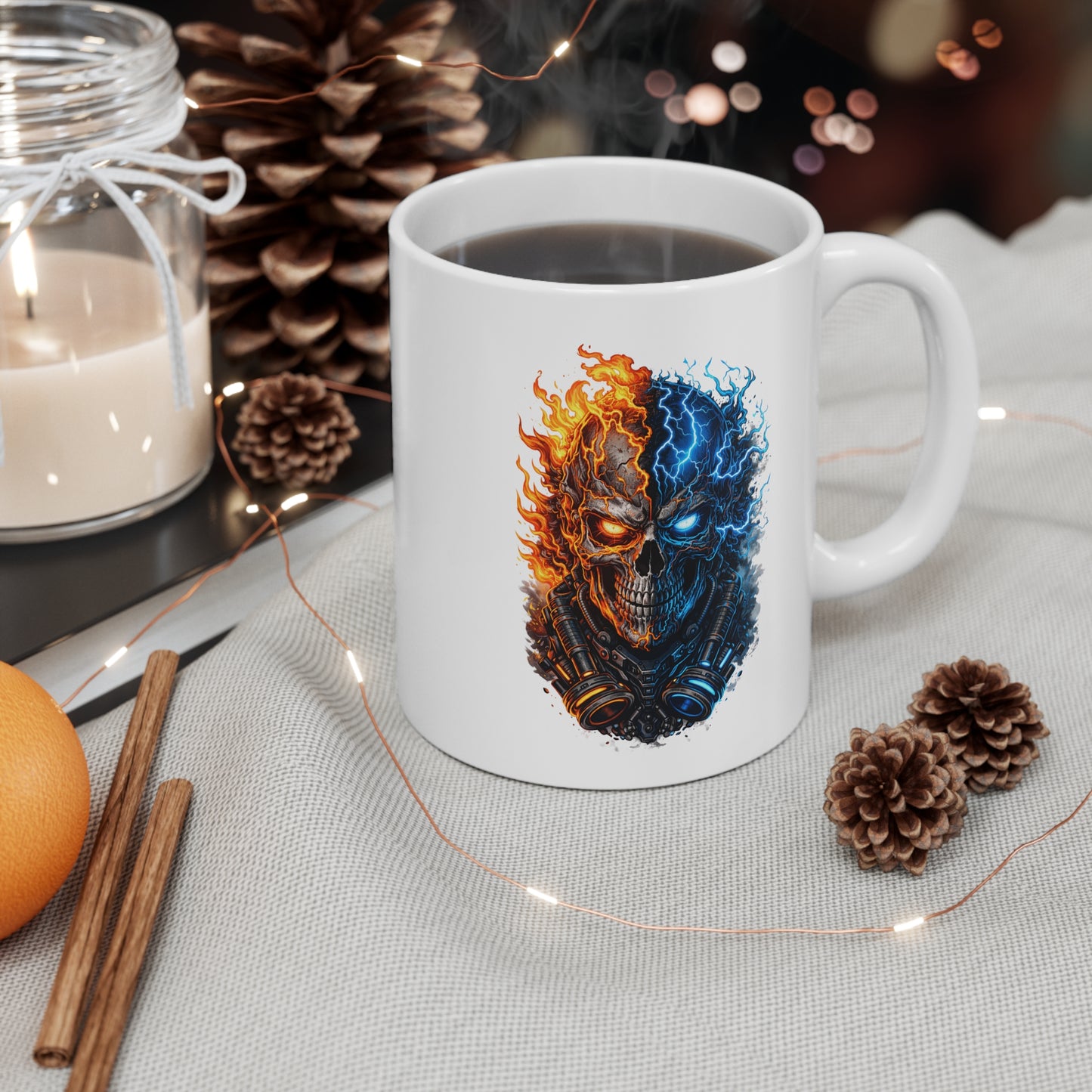 Mug Tête de Mort Feu et Glace – Crâne Électrique Bleu et Rouge – Tasse Dark Gamer, Cadeau Homme