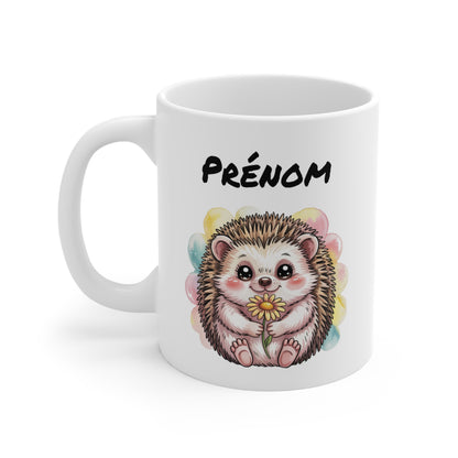 Tasse Personnalisable Hérisson 325ml – Mug Mignon Fleur Jaune Fond Pastel avec Prénom – Cadeau Original