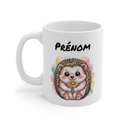 Tasse Personnalisable Hérisson 325ml – Mug Mignon Fleur Jaune Fond Pastel avec Prénom – Cadeau Original