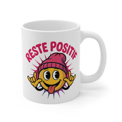 Mug Reste Positif 325ml – Smiley Fun avec Casquette Rose – Tasse Motivée et Originale