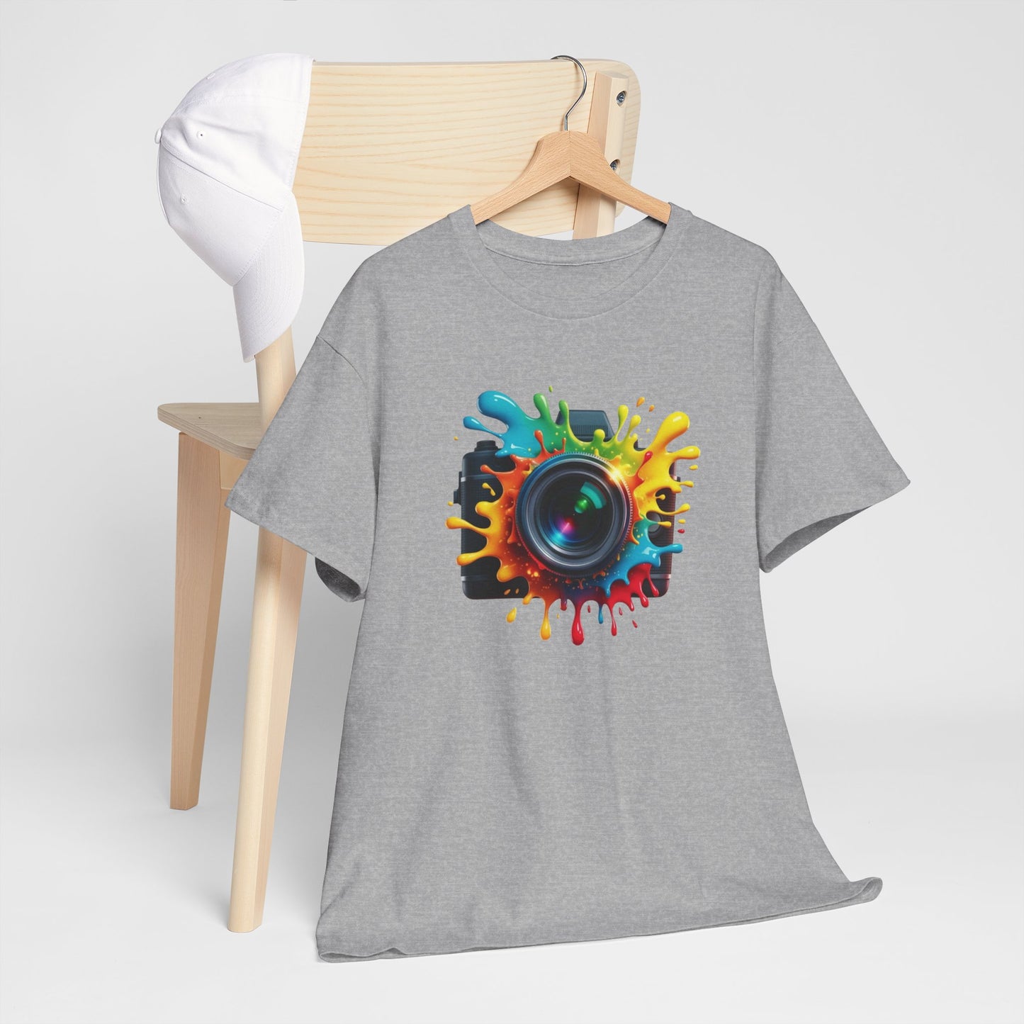 T-Shirt Photographie Appareil Photo Coloré – Tee Shirt Camera Splash Art – Cadeau Photographe Original Noir Blanc Gris