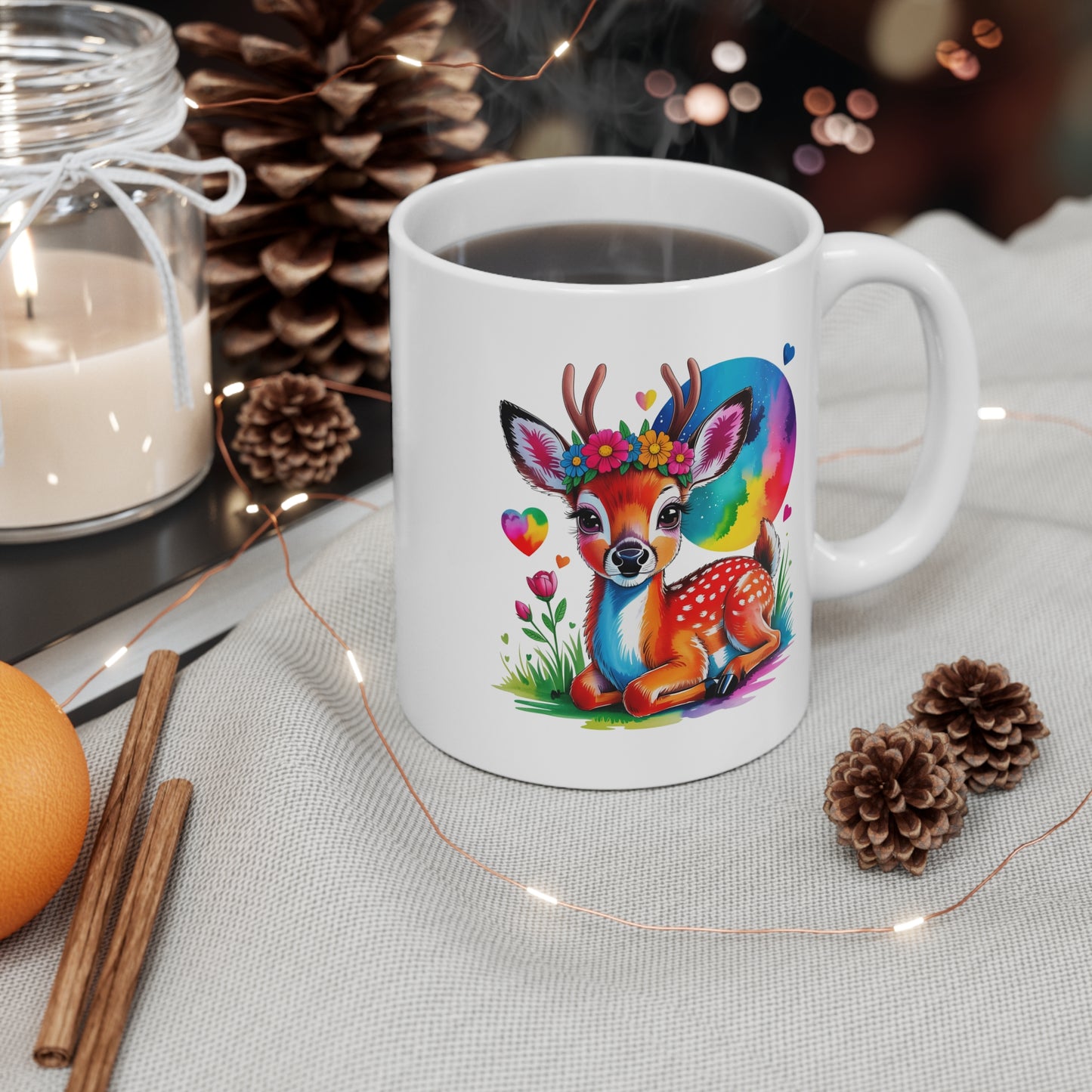 Tasse Faon Coloré – Mug Cerf Mignon avec Fleurs et Arc-en-ciel – Design Artistique et Kawaii – Cadeau Nature 325ml