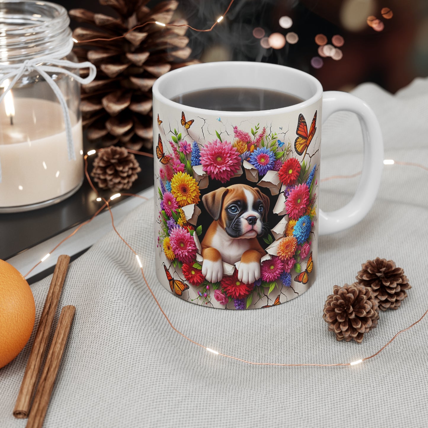 Tasse Céramique Chiot Boxer et Fleurs – Mug Chien Mignon Papillons – Cadeau Animaux Bohème 325ml