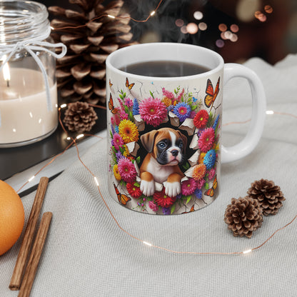 Tasse Céramique Chiot Boxer et Fleurs – Mug Chien Mignon Papillons – Cadeau Animaux Bohème 325ml