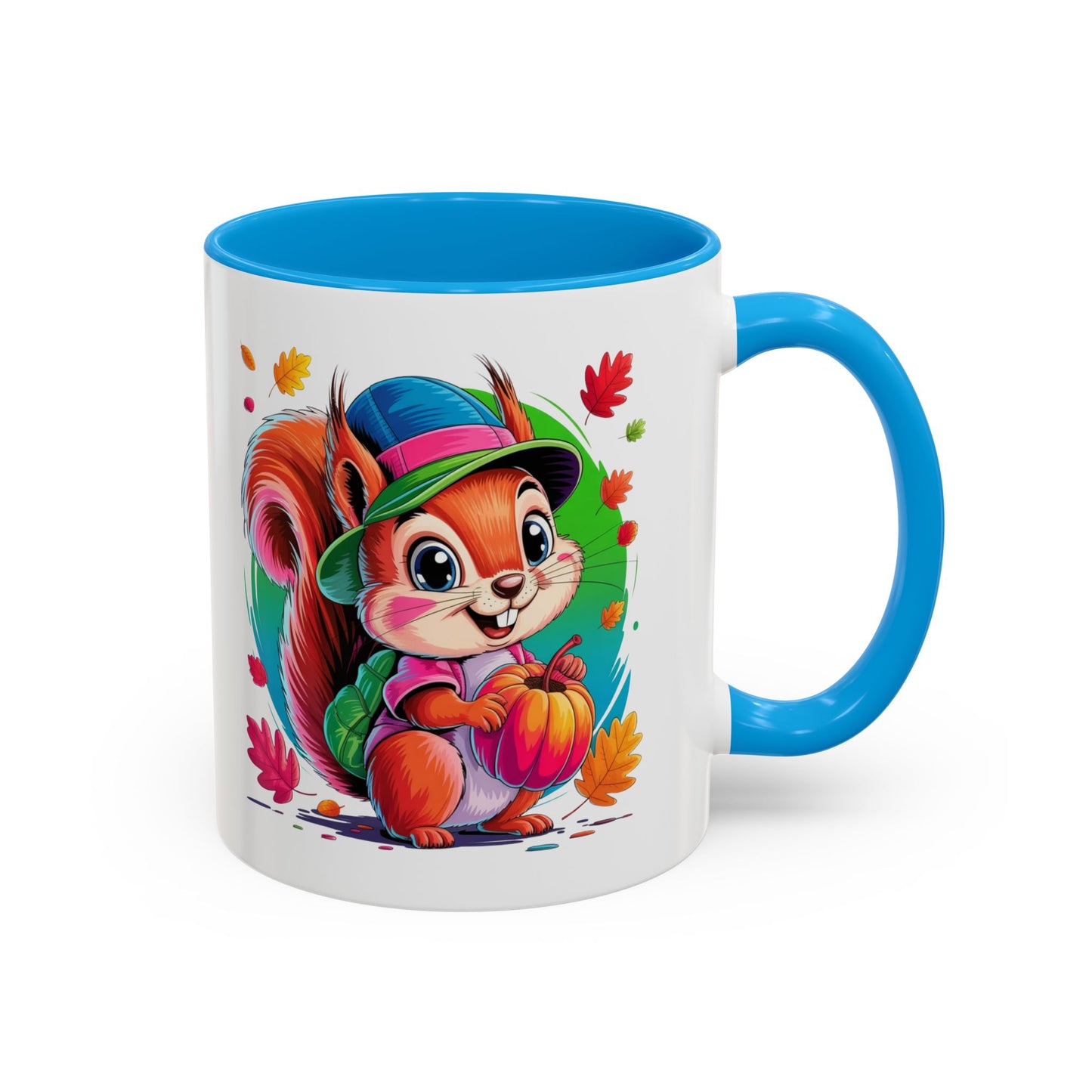 Mug Écureuil Mignon Automne – Tasse Animal Citrouille Feuilles Colorées – Cadeau Original Enfant Adulte – Céramique 325ml Noir Bleu Rouge