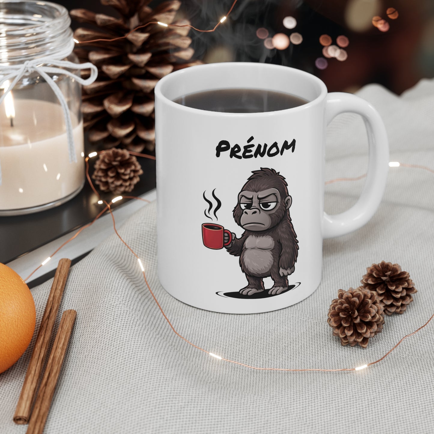 Mug Gorille Fatigué Personnalisable 325ml – Tasse Café Drôle Animal Humour Travail Bureau Réveil Difficile Prénom