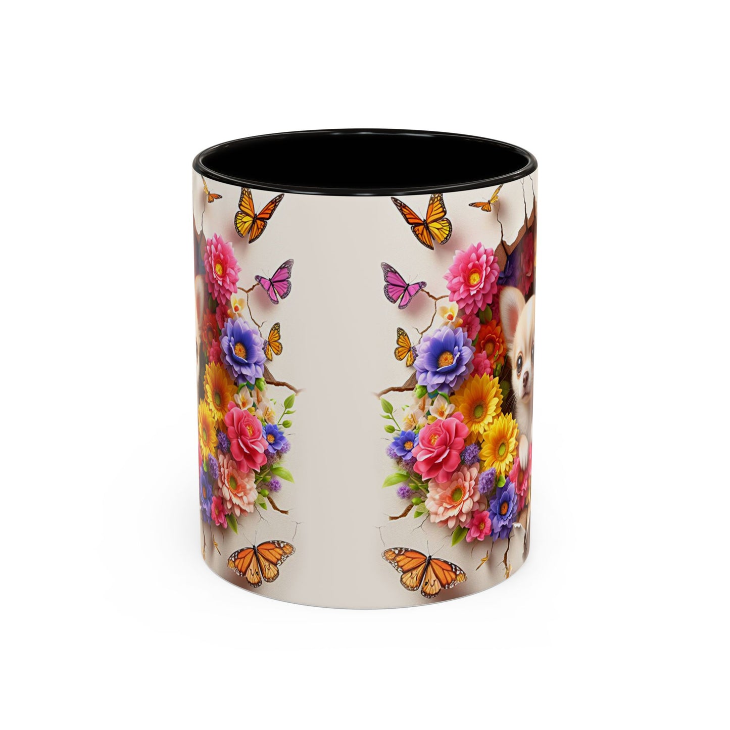 Mug Chihuahua Kawaii – Tasse Petit Chien avec Fleurs Colorées et Papillons – Cadeau Amoureux des Chiens 325ml