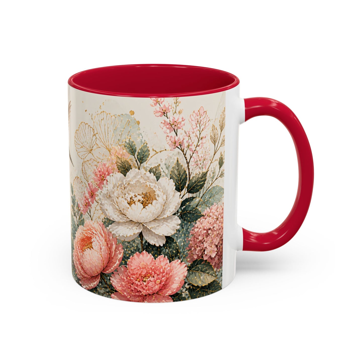 Tasse Florale Colibri et Pivoines – Mug Aquarelle Chic avec Fleurs Roses et Blanches – Design Nature 325ml