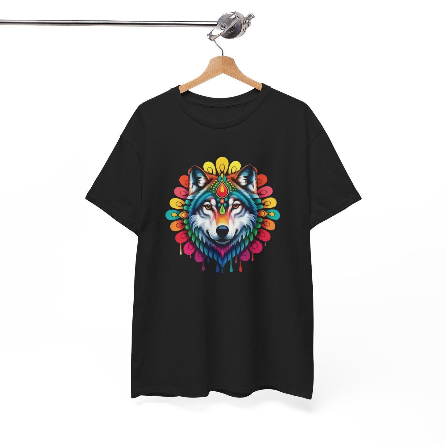 T-Shirt Loup Coloré Mandala – Tee Shirt Wolf Spirituel Tribal – Cadeau Original Animal Mystique Noir Blanc Gris