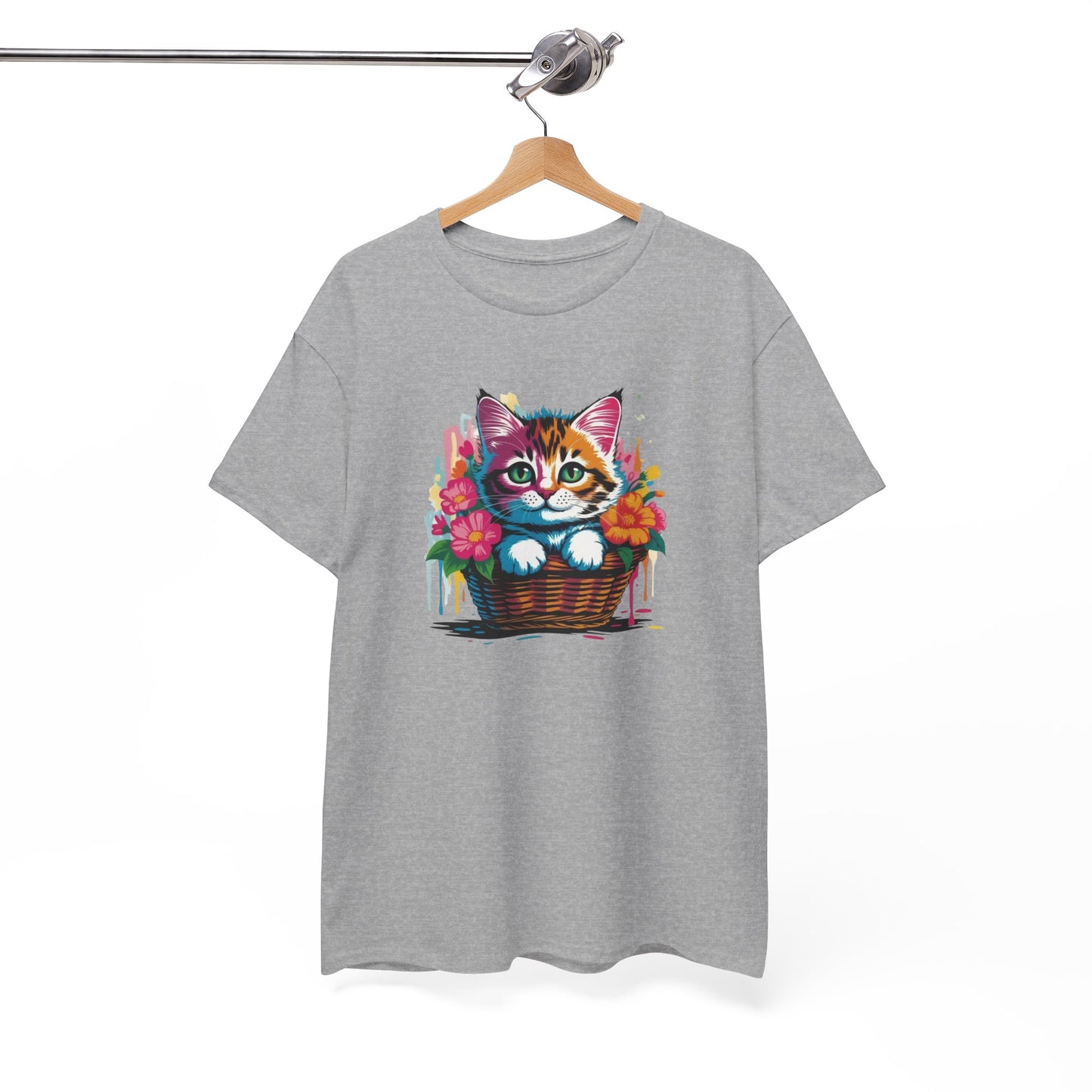 T-Shirt Chaton Mignon Adulte – Chat avec Fleurs Colorées – Tee Shirt Animal Cute Panier Noir Blanc Gris Cadeau