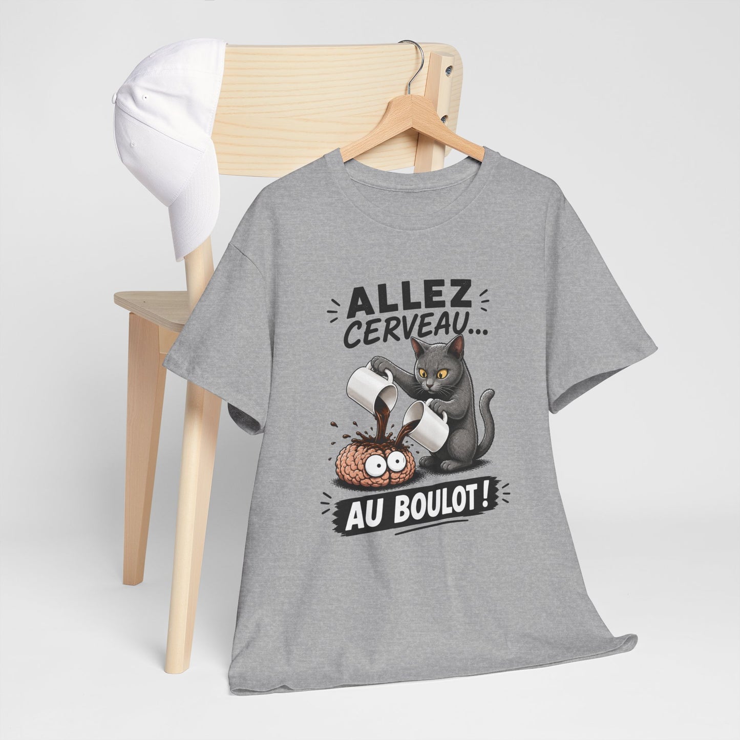 Tee Shirt Humour Homme et Femme – Allez Cerveau au Boulot – T-Shirt Chat Café Fatigue Travail Cadeau Drôle Original