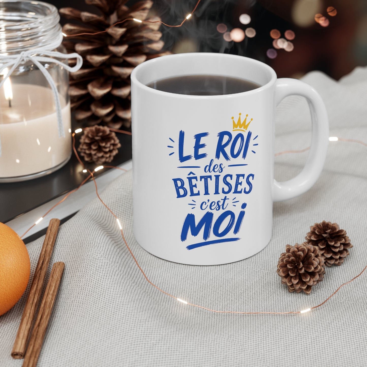 Tasse Le Roi des Bêtises C’est Moi – Mug Humour Garçon Homme – Cadeau Drôle Bleu et Or 325ml