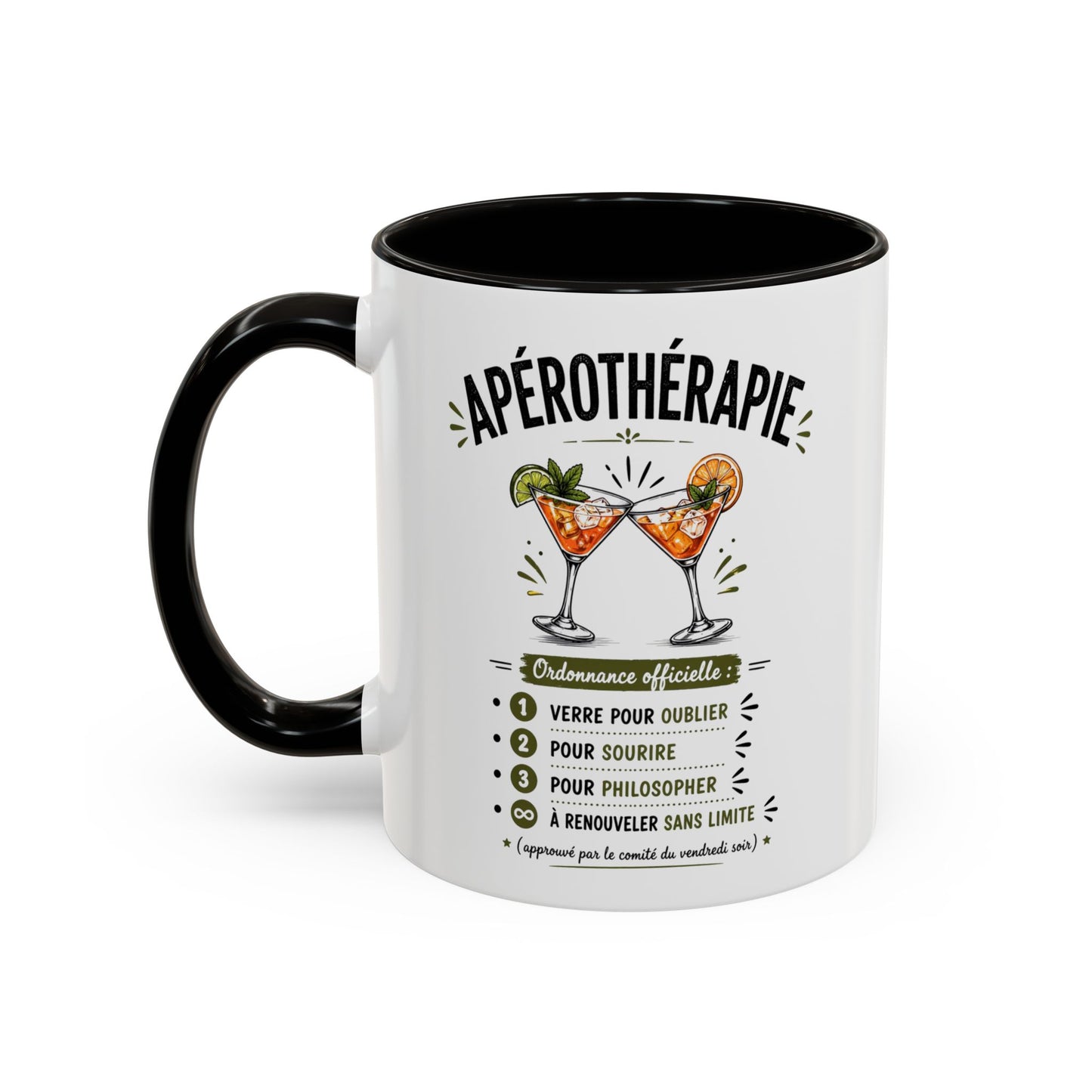 Mug Apérothérapie Drôle – Tasse Cocktail et Apéro Humoristique – Cadeau Original Amateur de Cocktails – Céramique 325ml Noir Bleu Rouge