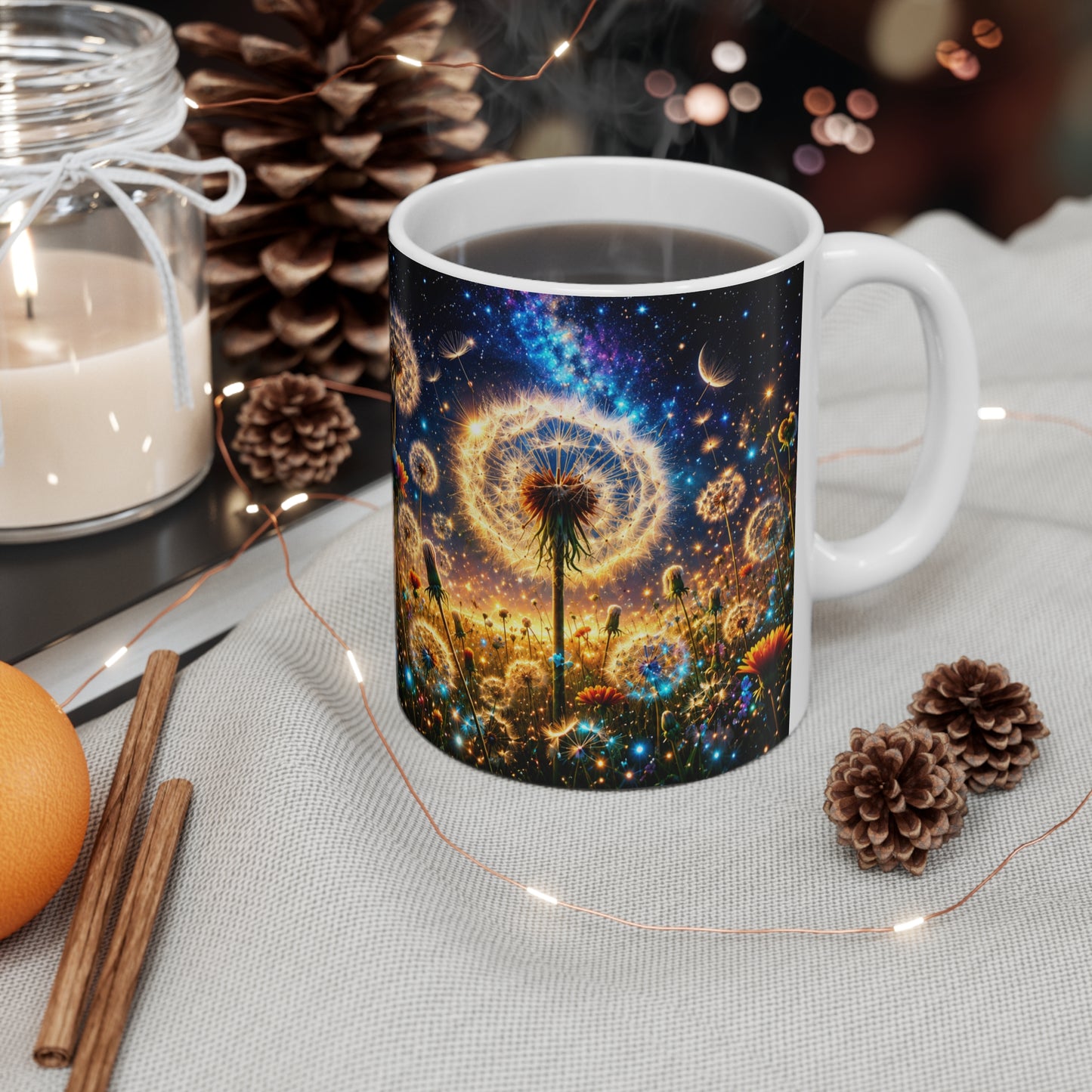 Tasse Pissenlits Féériques – Mug Fleurs Lumineuses et Univers Cosmique – Cadeau Femme Homme 325ml