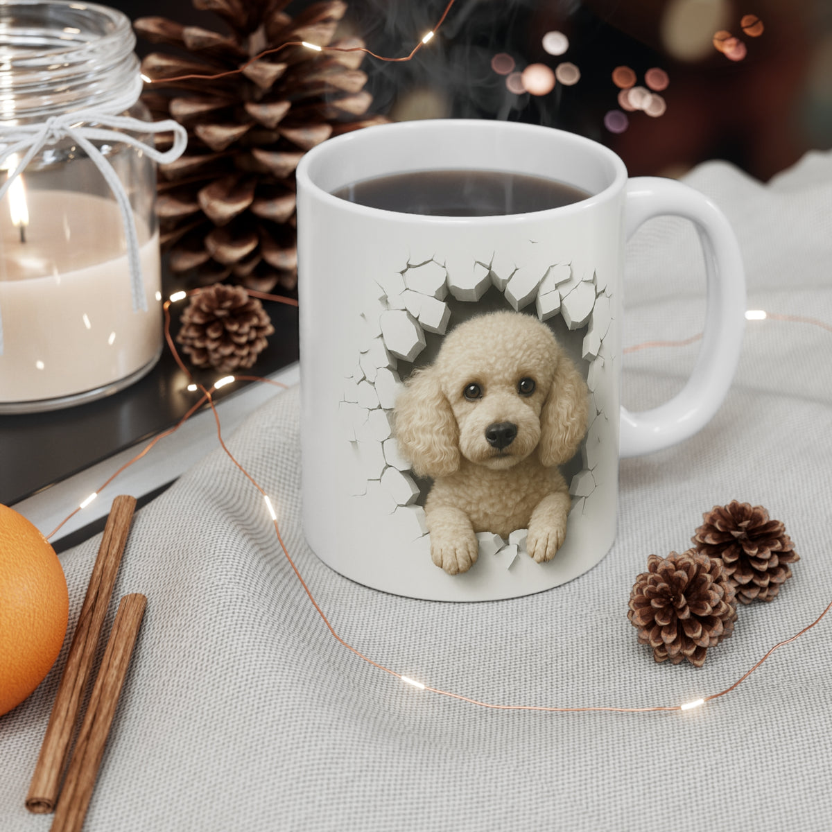 Mug Caniche Beige Effet Mur Cassé – Tasse Chien 3D Trompe-l’œil – Cadeau Original Amoureux des Caniches