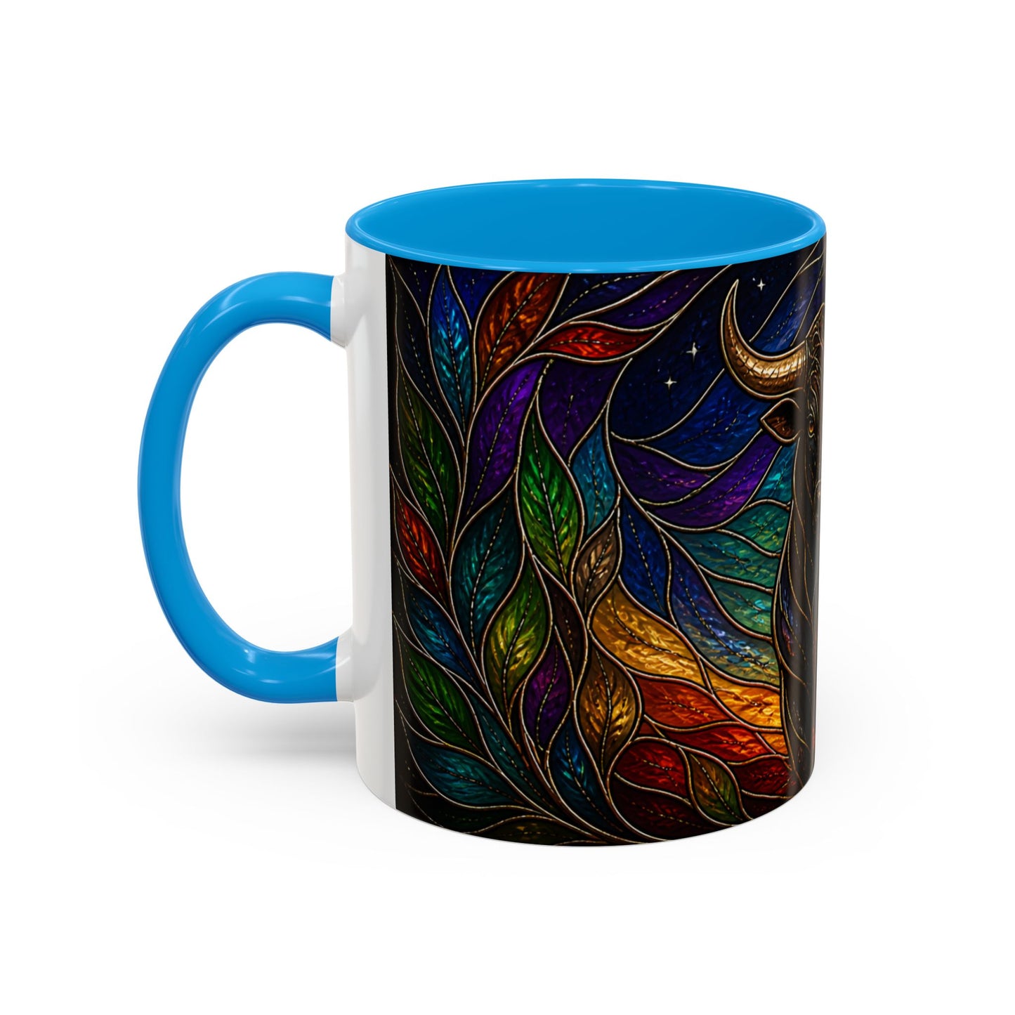 Tasse Taureau Style Vitrail – Mug Artistique Multicolore avec Lune et Taureau Mystique – Céramique 325ml