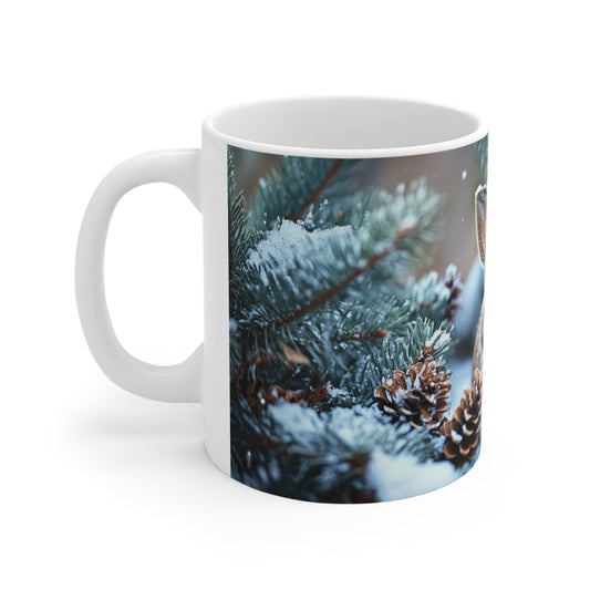 Mug Lapin dans la Neige – Tasse Hiver Forêt Enneigée avec Pommes de Pin – Cadeau Original Amoureux des Lapins et de la Nature