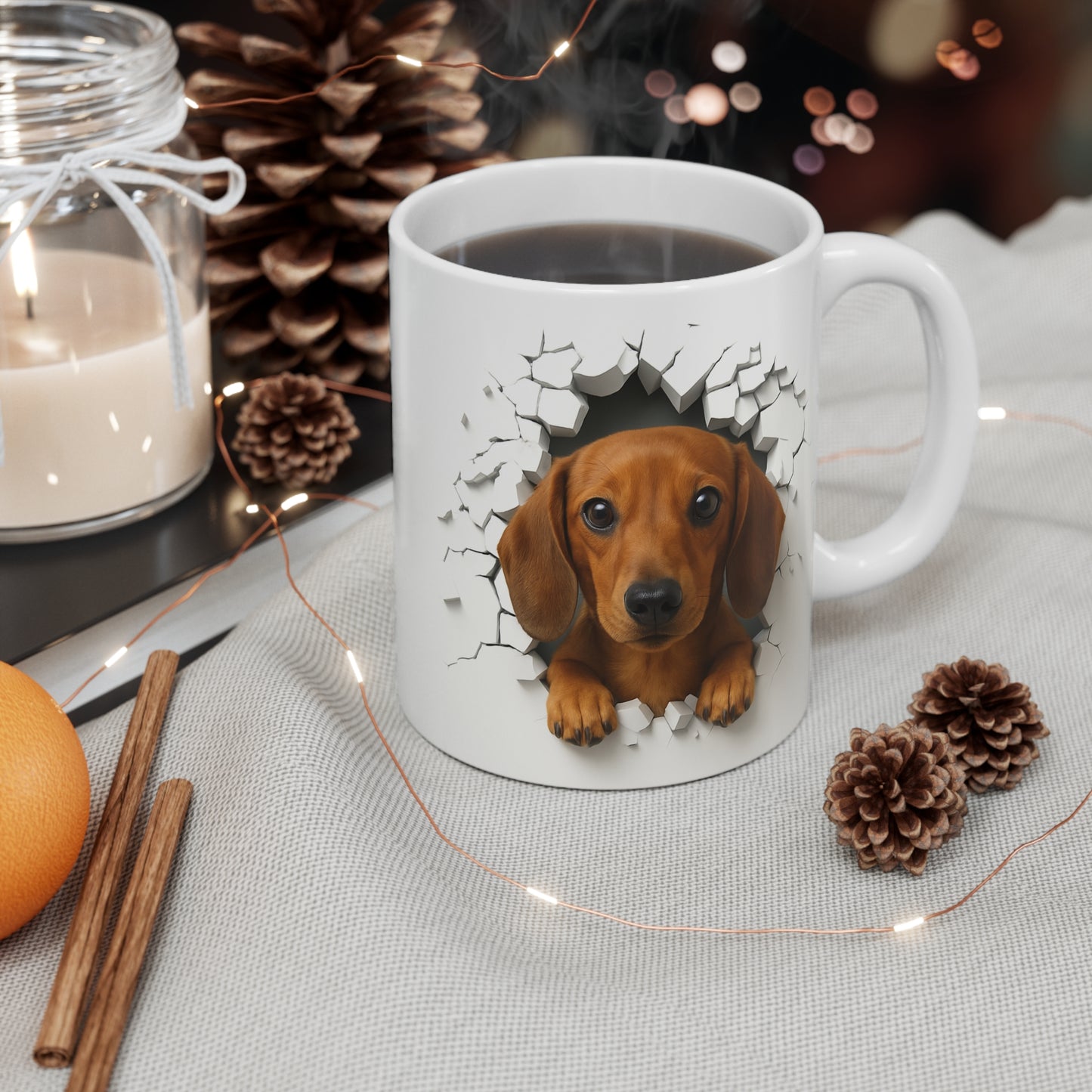 Mug Teckel Roux Effet Mur Cassé – Tasse Chien 3D Trompe-l’œil – Cadeau Original Amoureux du Teckel