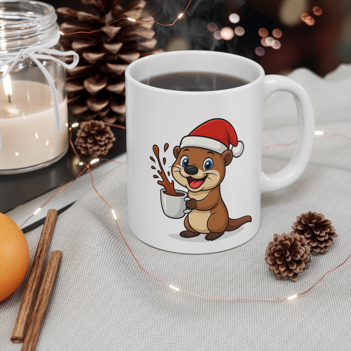 Mug Loutre Noël 325ml – Tasse Céramique Mignonne avec Bonnet Rouge – Cadeau Fêtes Original