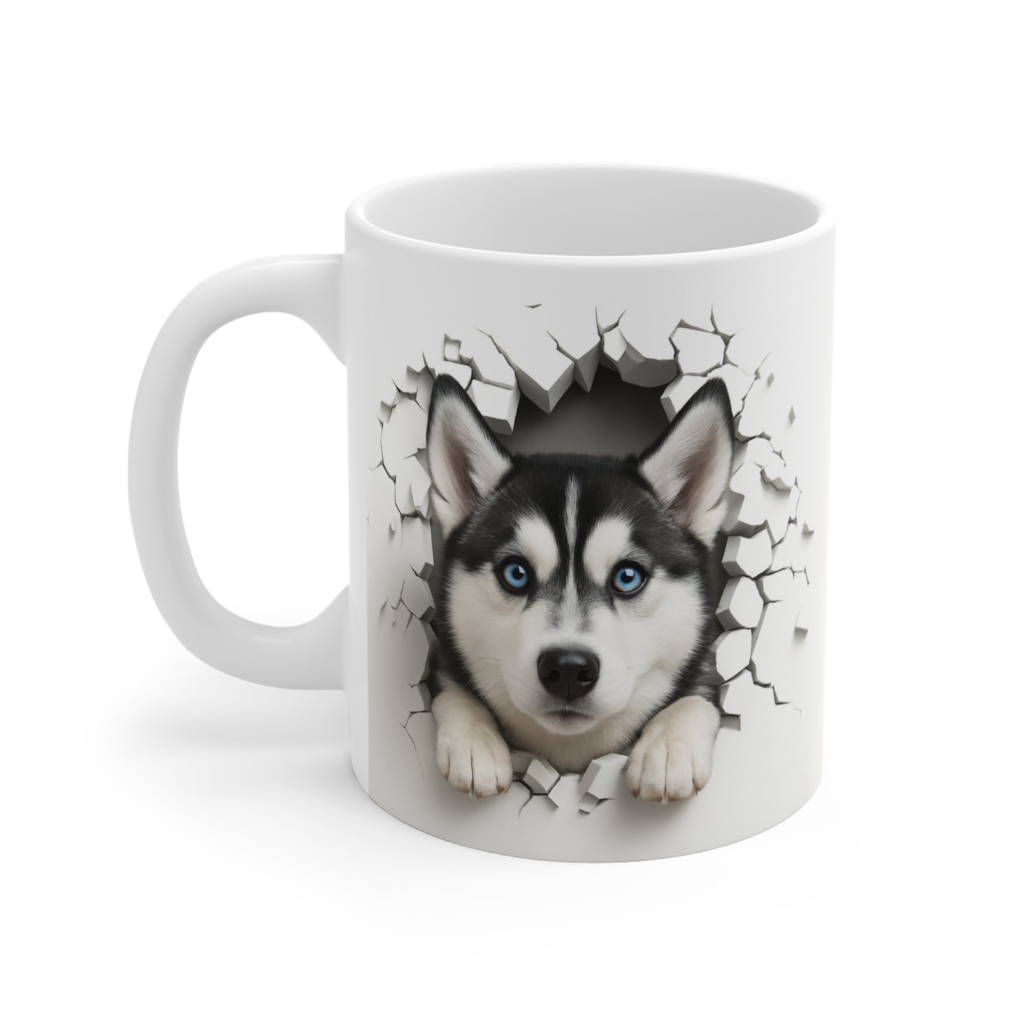 Mug Husky Sibérien Effet Mur Cassé – Tasse Chien 3D Trompe-l’œil – Cadeau Original Amoureux du Husky