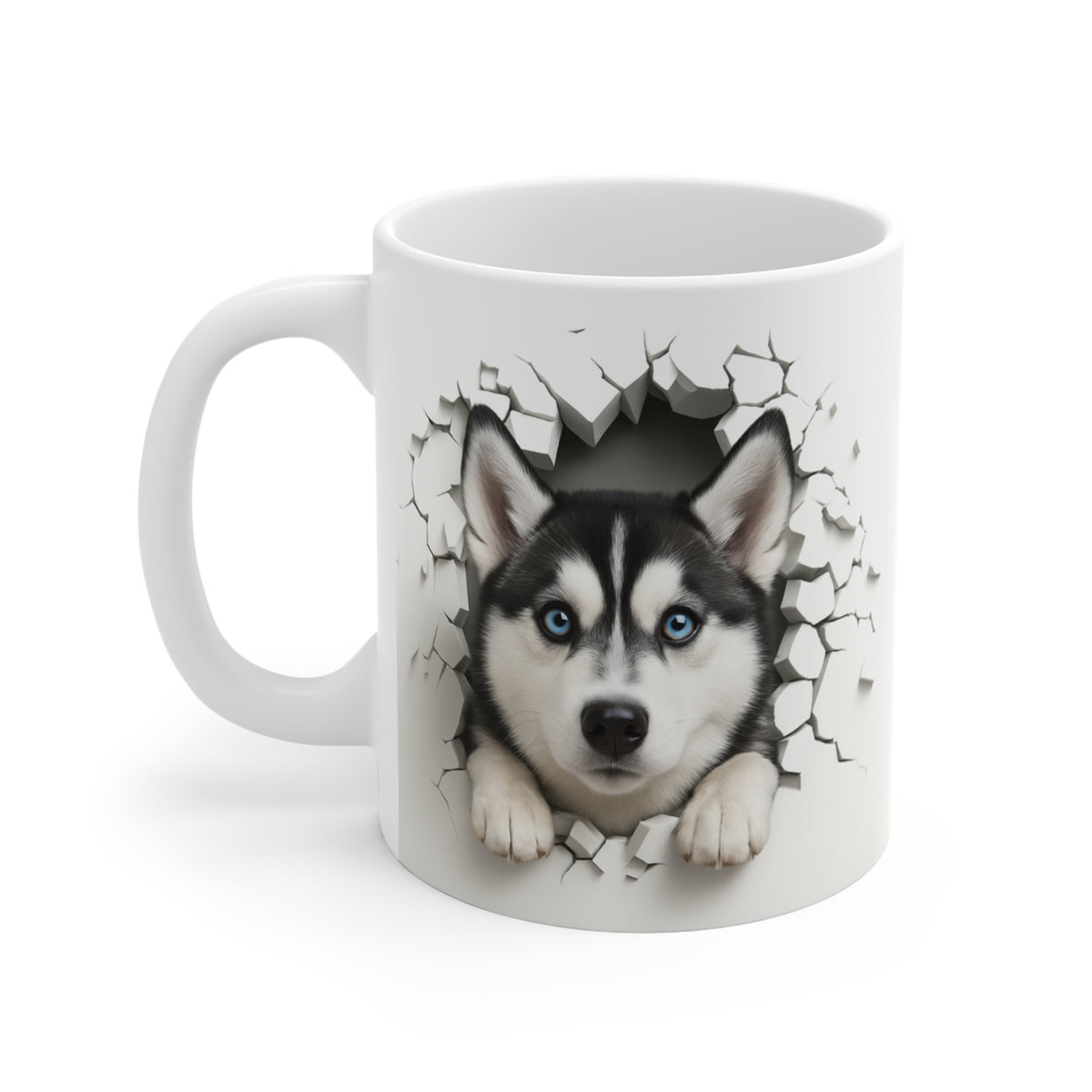 Mug Husky Sibérien Effet Mur Cassé – Tasse Chien 3D Trompe-l’œil – Cadeau Original Amoureux du Husky