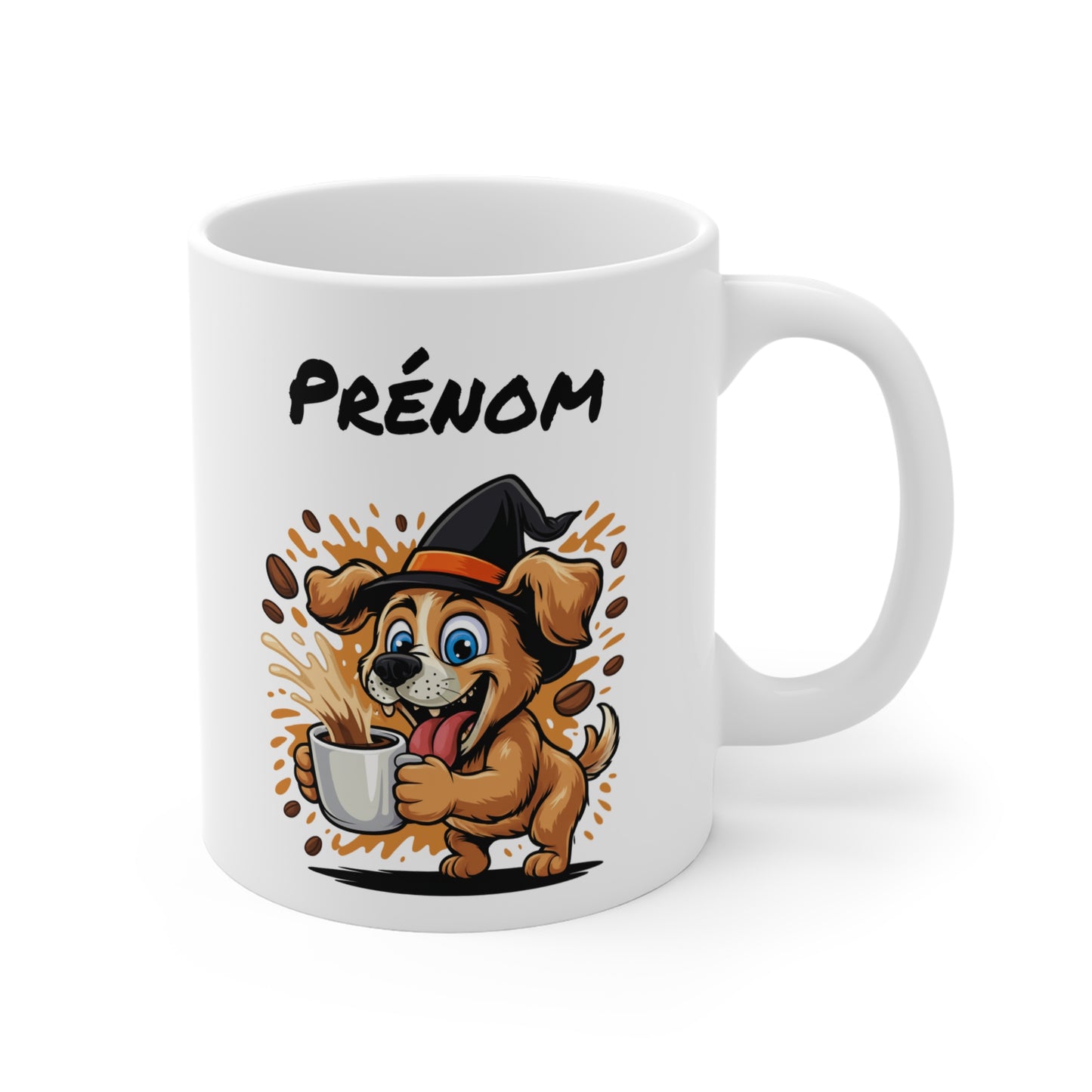 Mug Halloween Personnalisable Chien Sorcier – Tasse Céramique 325ml avec Prénom – Cadeau Original Café Thé Chocolat Chaud