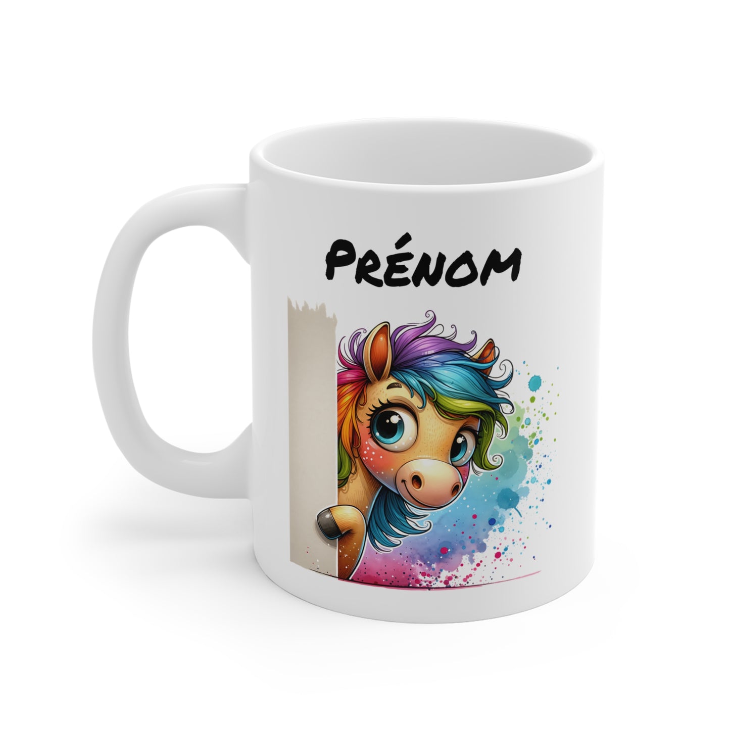 Tasse Personnalisable Cheval Mignon – Mug Prénom Illustration Colorée Arc-en-Ciel – Cadeau Animal Rigolo 325ml