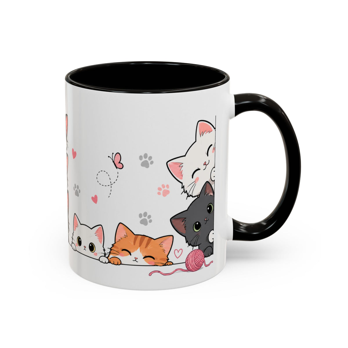 Mug Chats Mignons et Colorés – Tasse avec Petits Chats, Cœurs, Papillons et Pelote de Laine – Cadeau Original Amoureux des Chats
