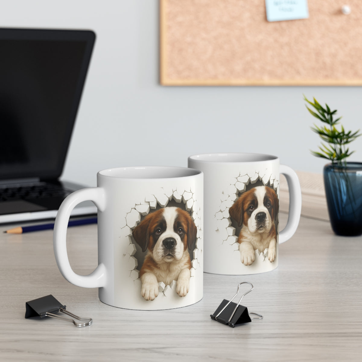 Mug Saint-Bernard Effet Mur Cassé – Tasse Chien 3D Trompe-l’œil – Cadeau Original Amoureux du Saint-Bernard