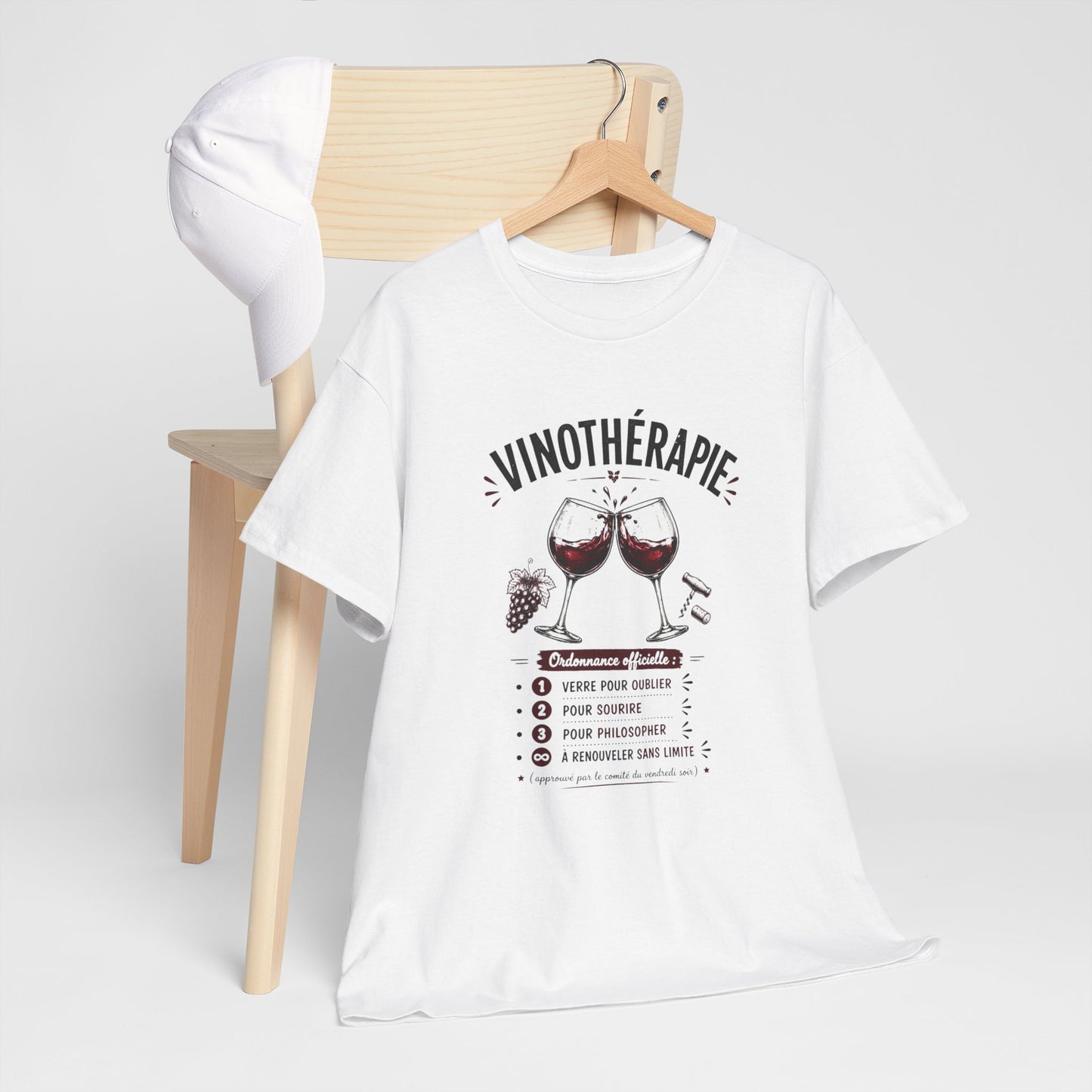 T-Shirt Vinothérapie Homme Femme – Tee Shirt Humour Vin Apéro – Cadeau Drôle Amateur Vin Soirée Noir Blanc Gris