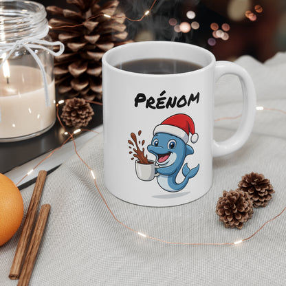 Tasse Personnalisable Dauphin Noël – Mug Prénom Céramique 325ml – Cadeau Fêtes Mignon