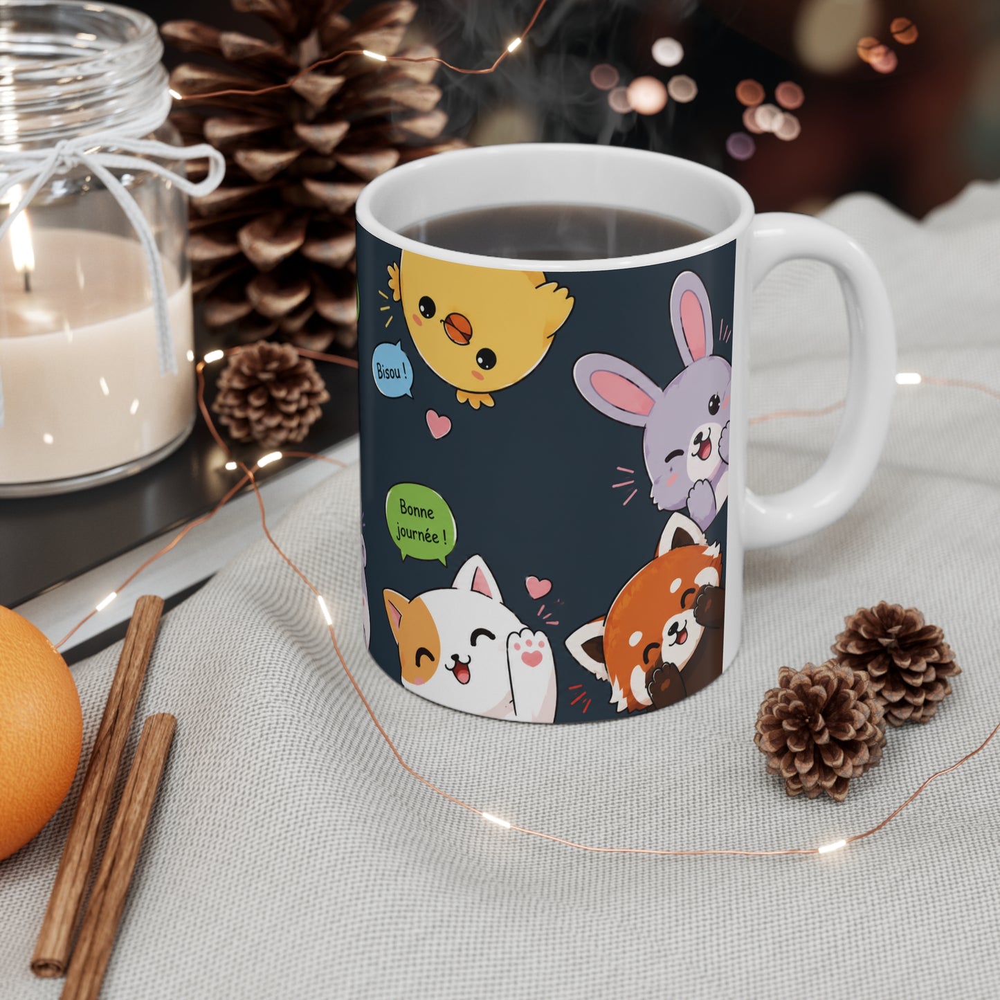 Tasse Animaux Kawaii Bonjour – Mug Mignon Chat Panda Lapin Renard – Cadeau Femme Enfant 325ml