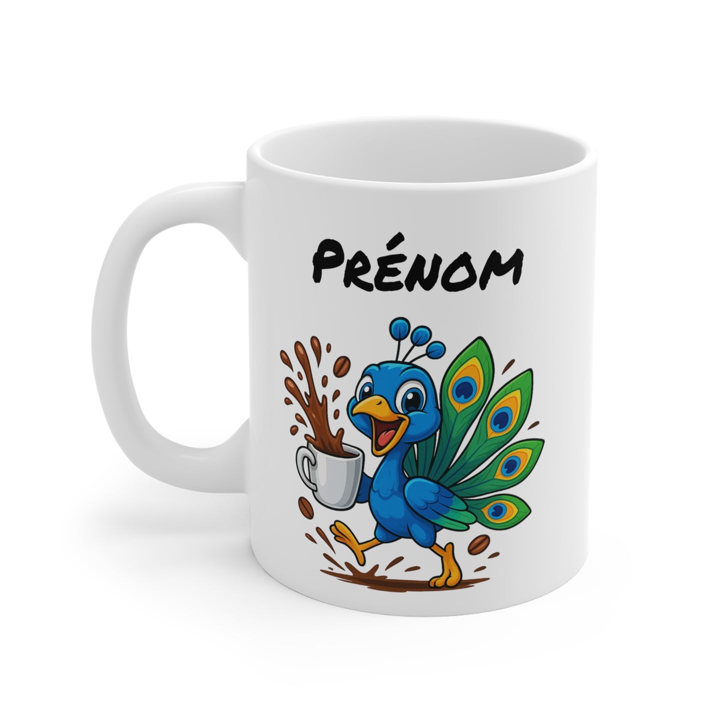 Tasse Personnalisable Paon Café – Mug Prénom Cartoon – Cadeau Original Amateur de Café 325ml