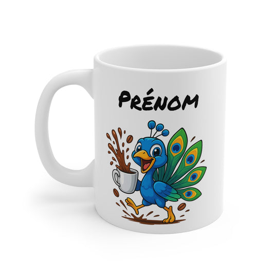Tasse Personnalisable Paon Café – Mug Prénom Cartoon – Cadeau Original Amateur de Café 325ml