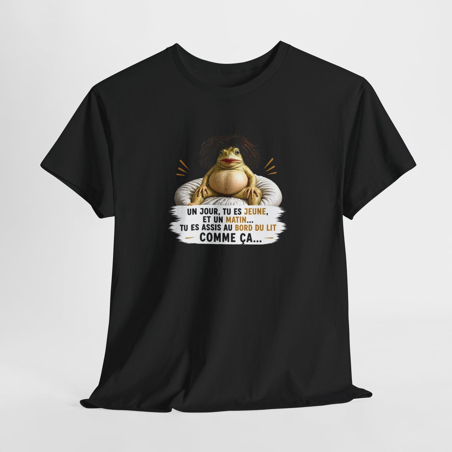 T-Shirt Femme Humour Un Jour Tu Es Jeune Et Un Matin Tu Es Assise Comme Ça – Tee Shirt Drôle Fatigue Réveil Matin Femme Cadeau Amie