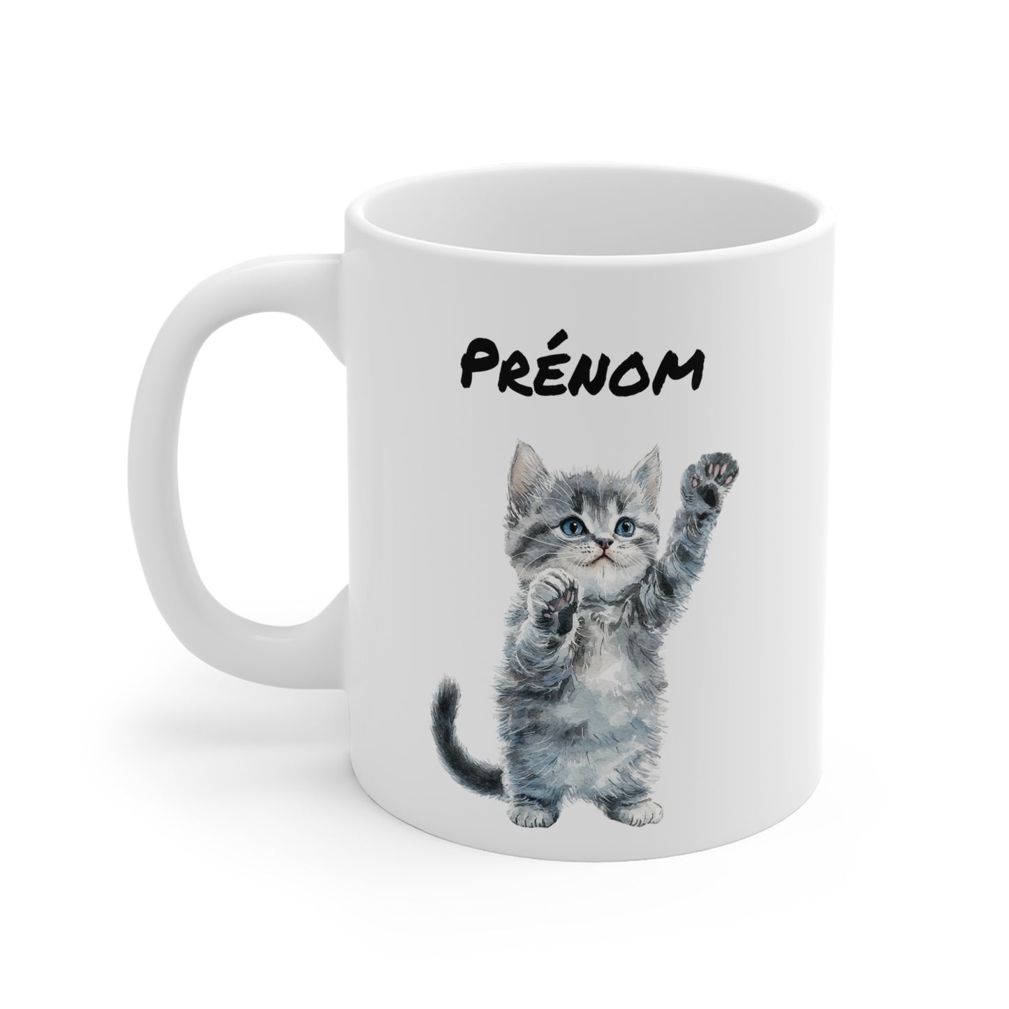 Tasse Personnalisable Chaton Gris Aquarelle – Mug Céramique 325 ml – Cadeau Prénom Mignon pour Amoureux des Chats