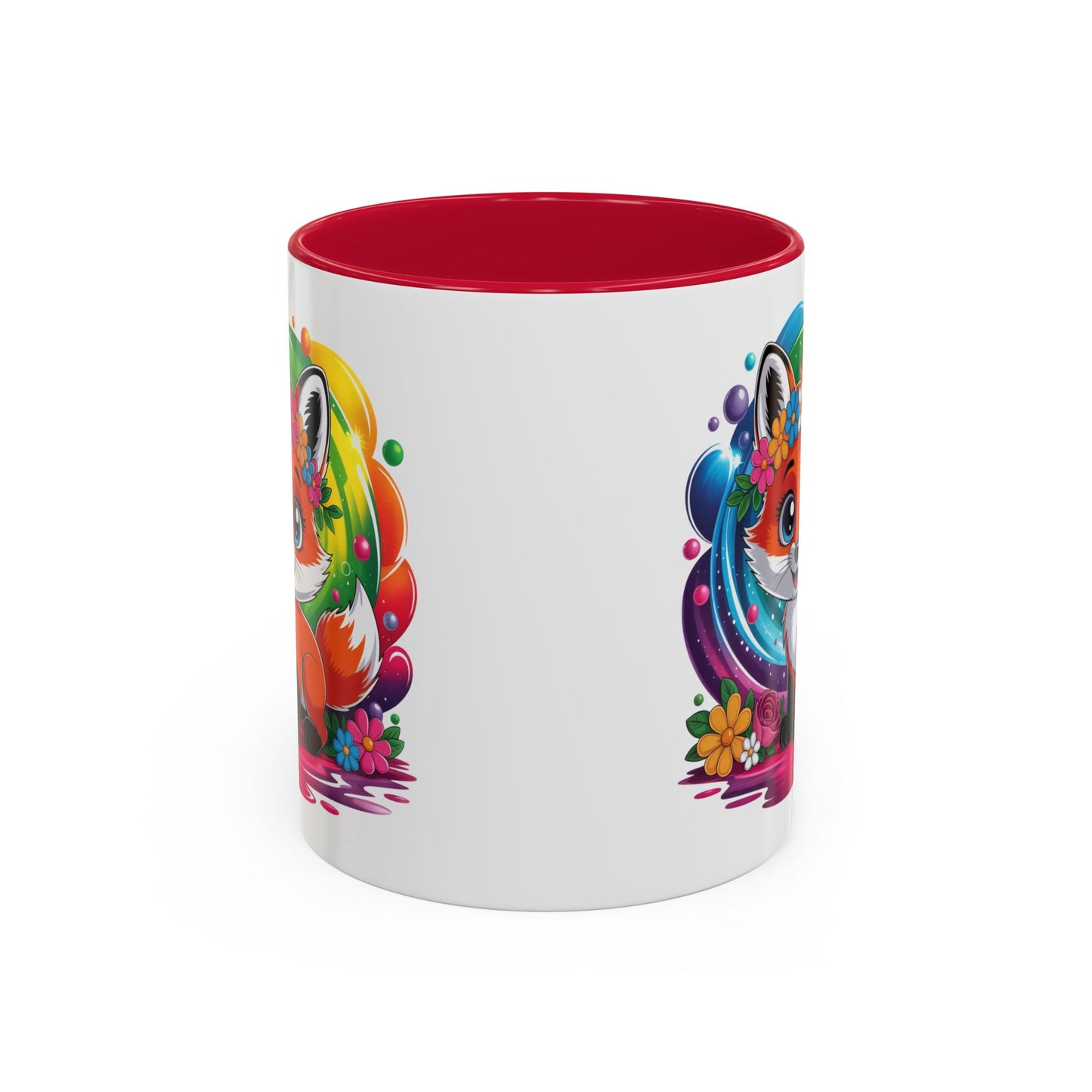 Mug Renard Mignon Multicolore – Tasse Design Kawaii Renard et Fleurs Arc-en-ciel – Cadeau Original 325ml
