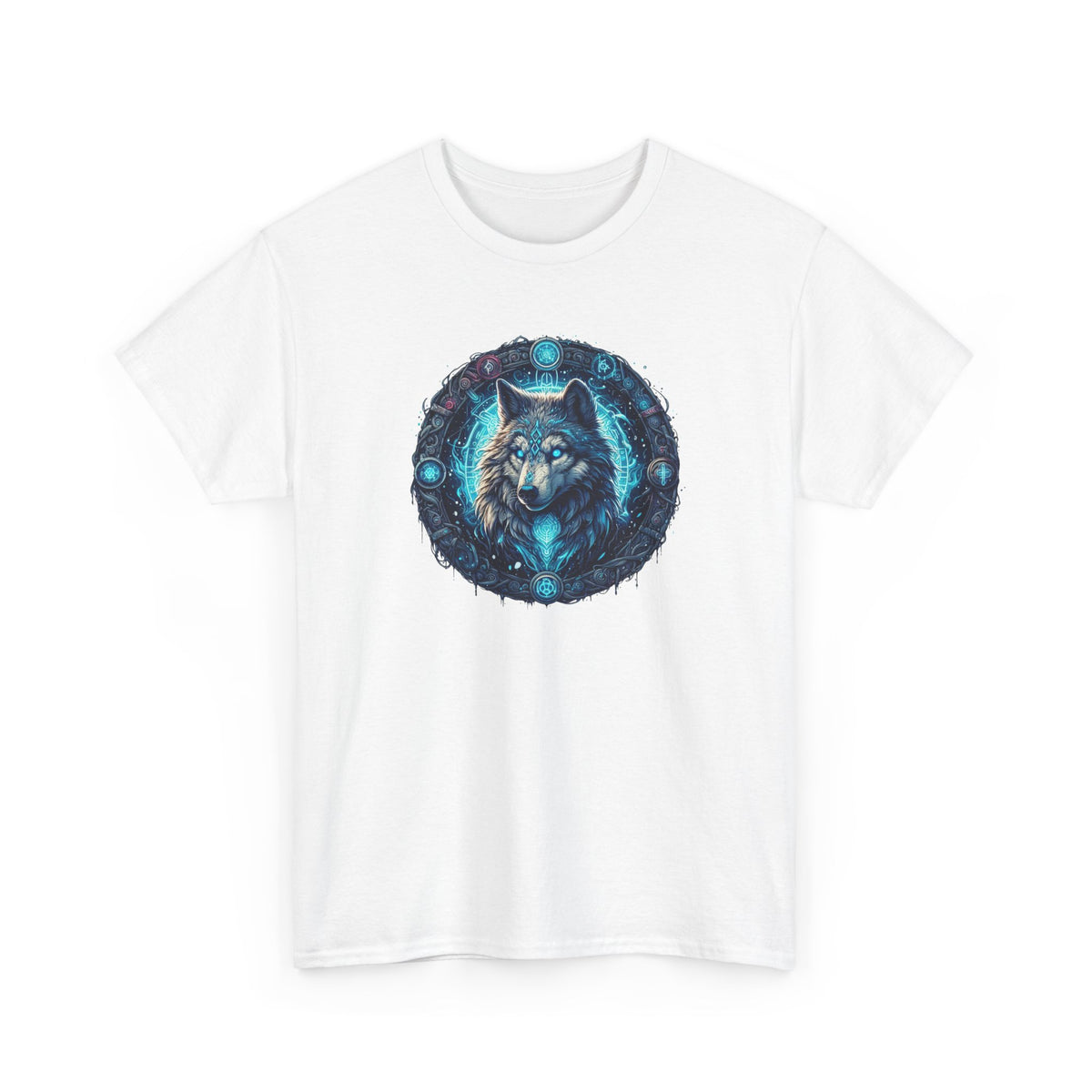 Tee Shirt Loup Mystique Homme Femme – T-Shirt Loup Yeux Bleus Symboles – Design Fantastique Nordique