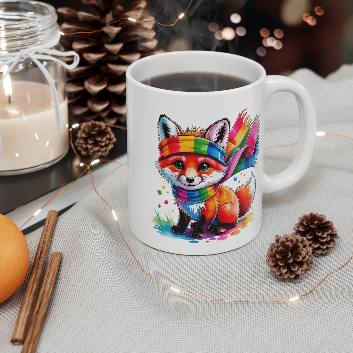 Mug Renard Kawaii Arc-en-Ciel – Tasse Fox Colorée avec Écharpe Rainbow – Design Animal Mignon et Fantaisie – Cadeau Original pour Enfants et Fans de Kawaii – Mug Céramique 325ml