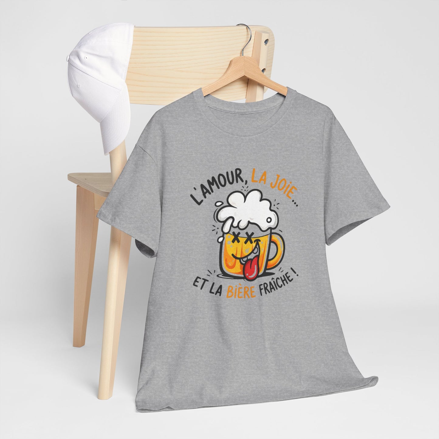 T-Shirt Humour Bière – L’Amour La Joie et la Bière Fraîche – Cadeau Drôle Apéro Homme Femme