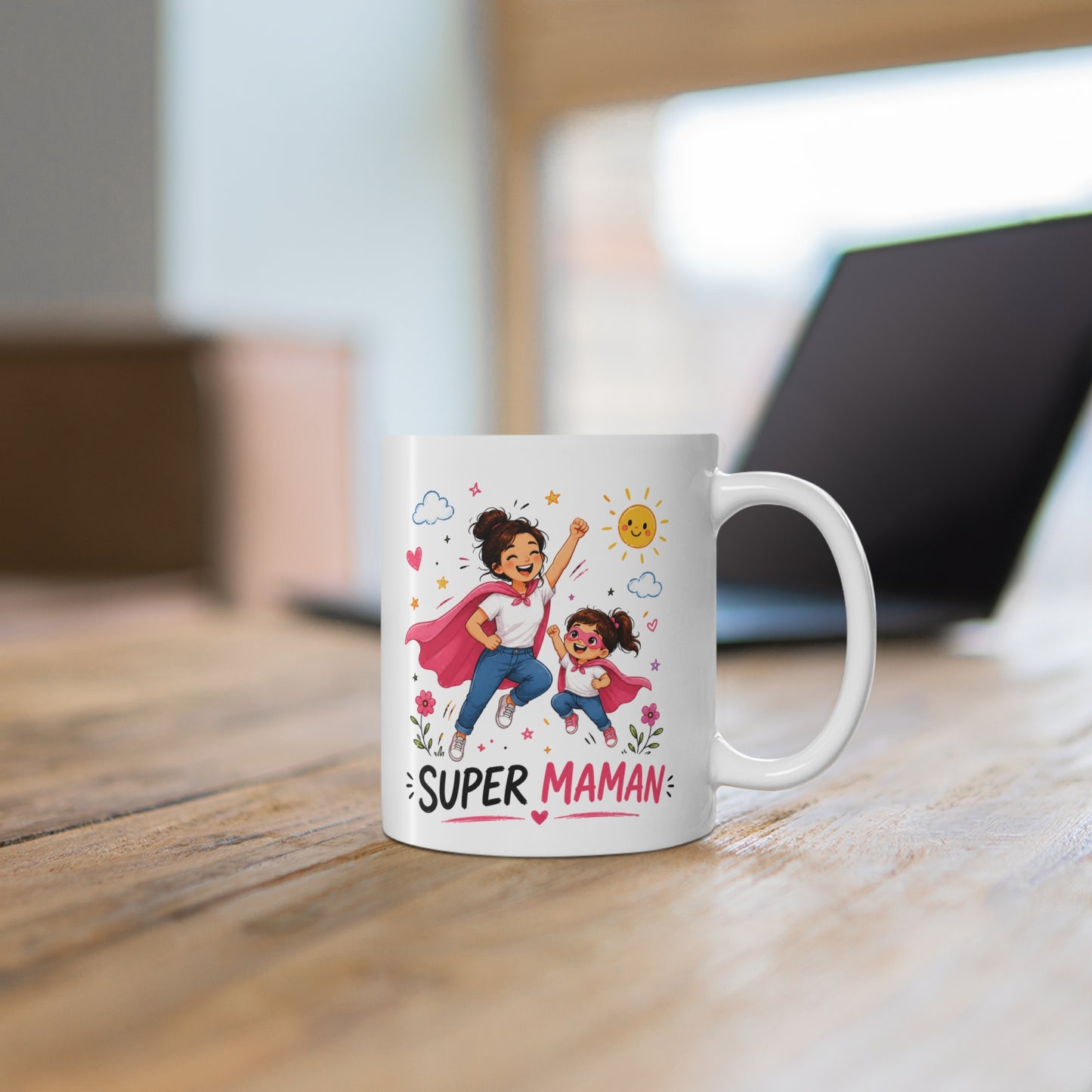 Tasse Super Maman – Mug Maman Héroïne avec Fille – Cadeau Fête des Mères Original 325ml