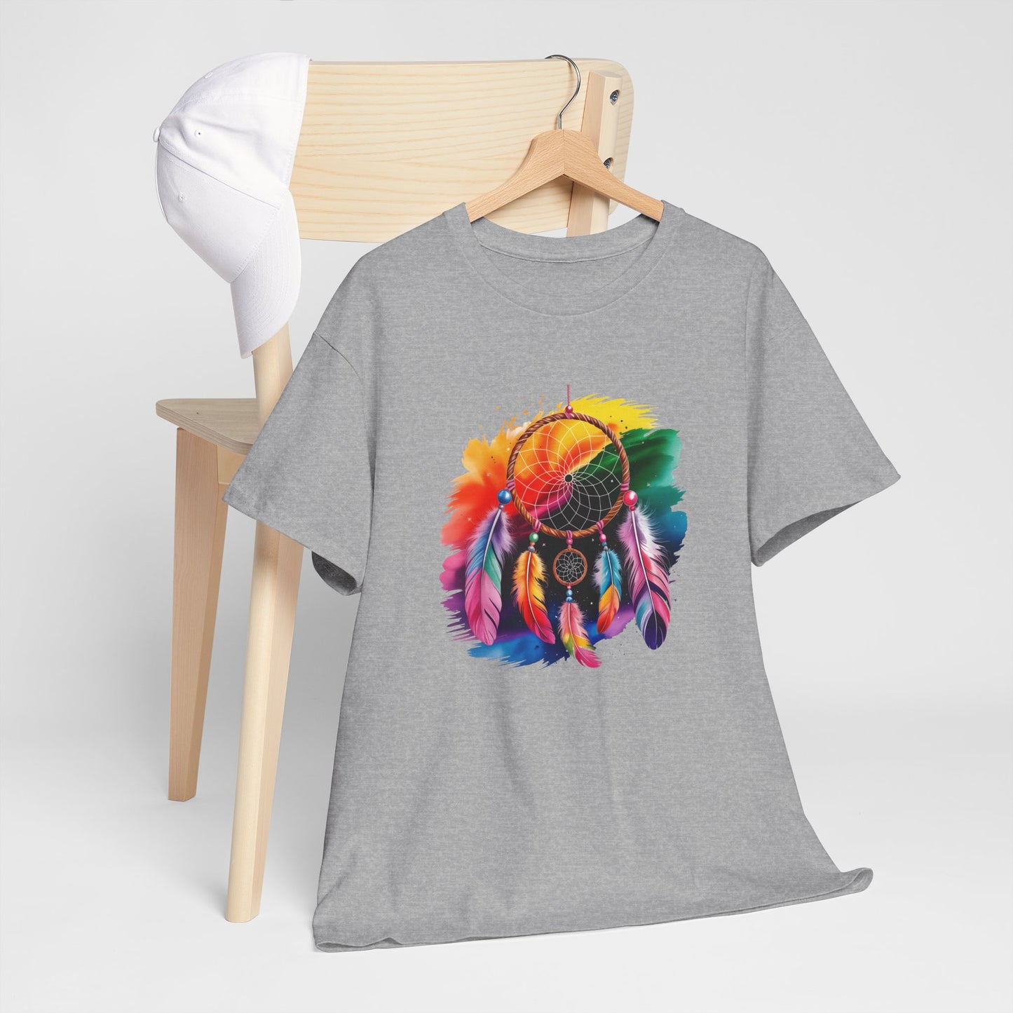 T-Shirt Attrape Rêves Bohème Coloré – Tee Shirt Dreamcatcher Spirituel avec Plumes – Cadeau Style Ethnique Noir Blanc Gris