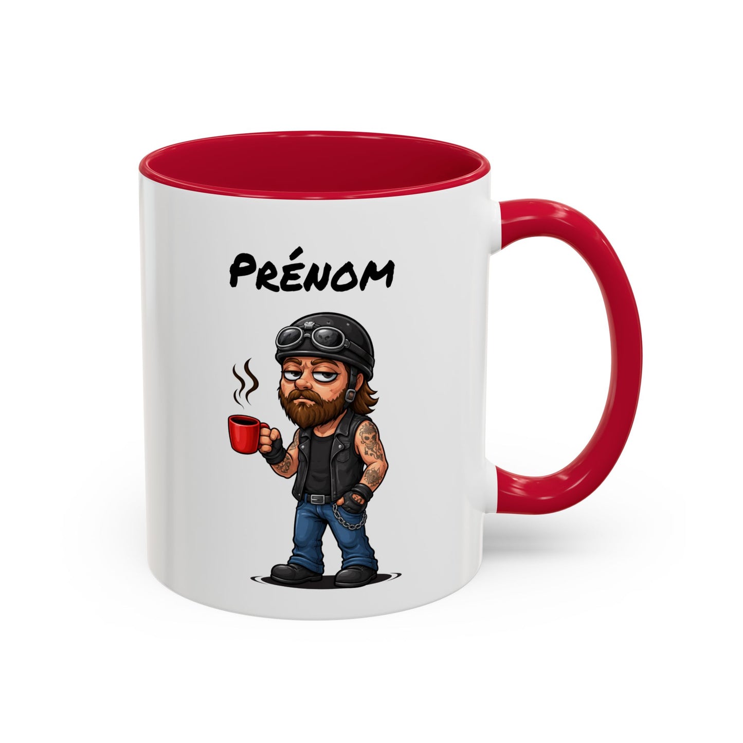Tasse Motard Fatigué avec Café – Mug Biker Style Rock – Illustration Homme Barbu Casque Moto 325ml
