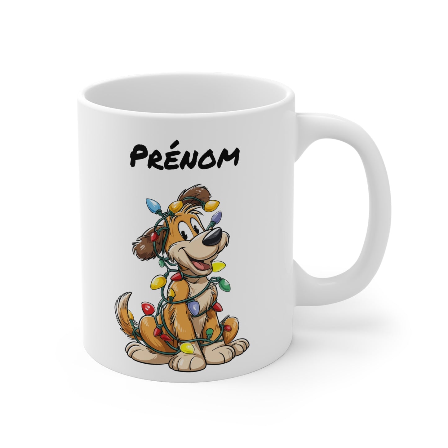 Tasse Personnalisée Chien de Noël – Mug Céramique 325 ml – Prénom et Guirlande Lumineuse – Cadeau Fête