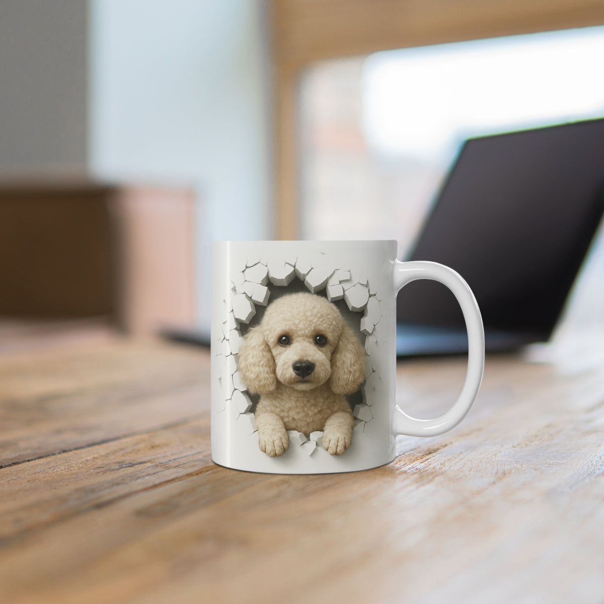 Mug Caniche Beige Effet Mur Cassé – Tasse Chien 3D Trompe-l’œil – Cadeau Original Amoureux des Caniches