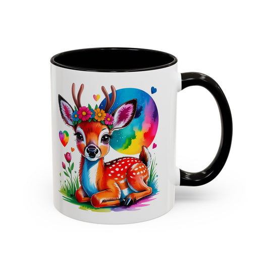 Mug Faon Mignon Coloré – Tasse Cerf Fleurs Arc-en-Ciel Kawaii – Cadeau Original Enfant Adulte – Céramique 325ml Noir Bleu Rouge