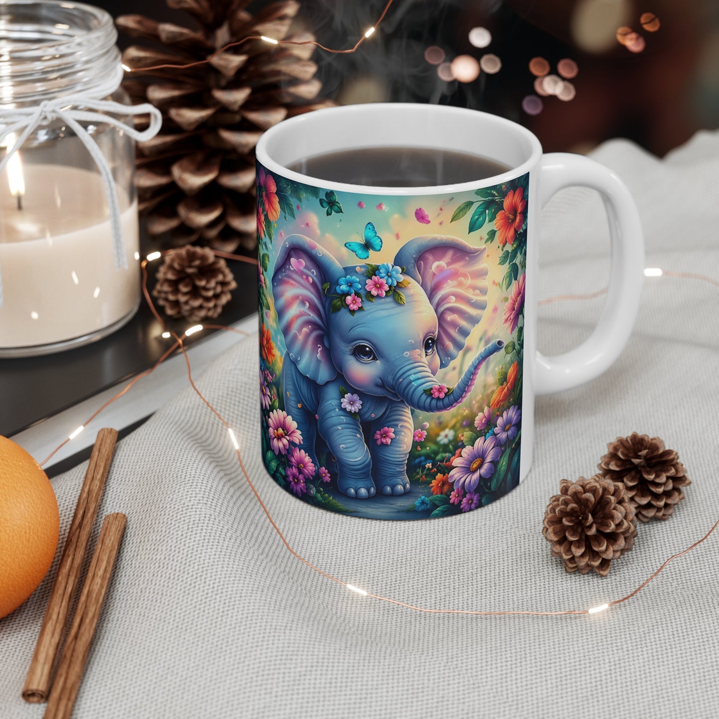 Tasse Éléphants Bébé Fantaisie – Mug Floral Coloré Féérique – Cadeau Femme Enfant 325ml