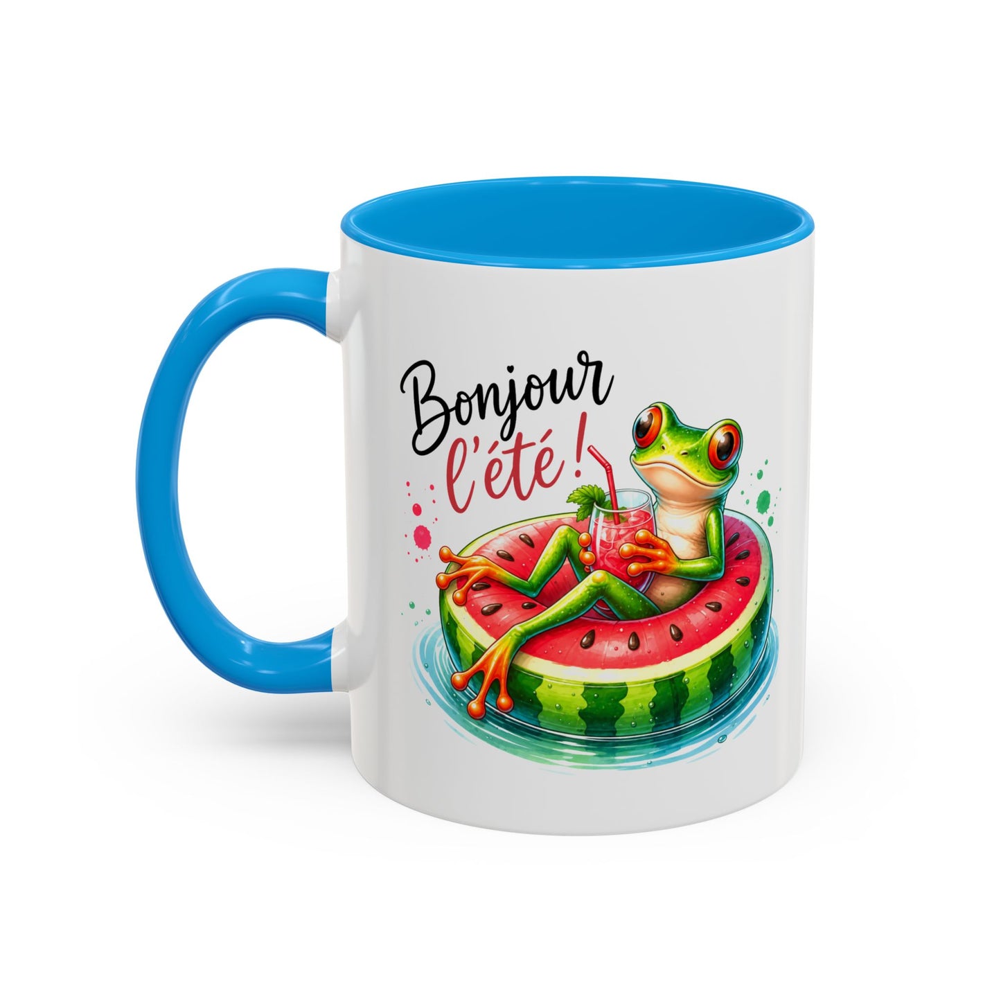 Tasse Bonjour l’Été – Mug Grenouille sur Bouée Pastèque – Cadeau Été Vacances Humour Homme Femme 325ml